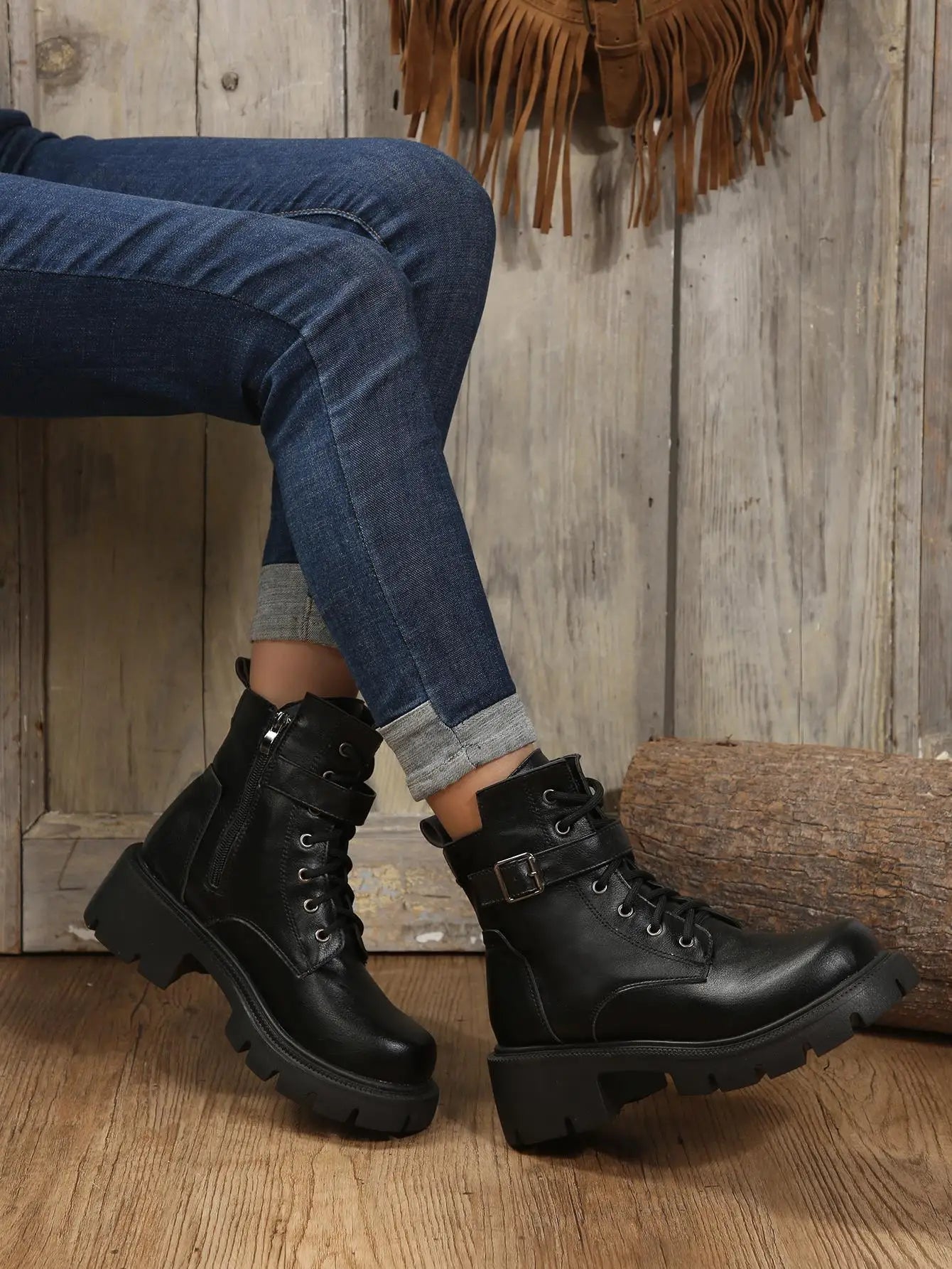 Bottines Femme à Talon Épais – Bottes Combat à Lacets & Fermeture Éclair – Style Punk Rock avec Boucle Ceinture – Pointure Jusqu’au 43 - BLACKBEARD OUTDOOR INDUSTRIES