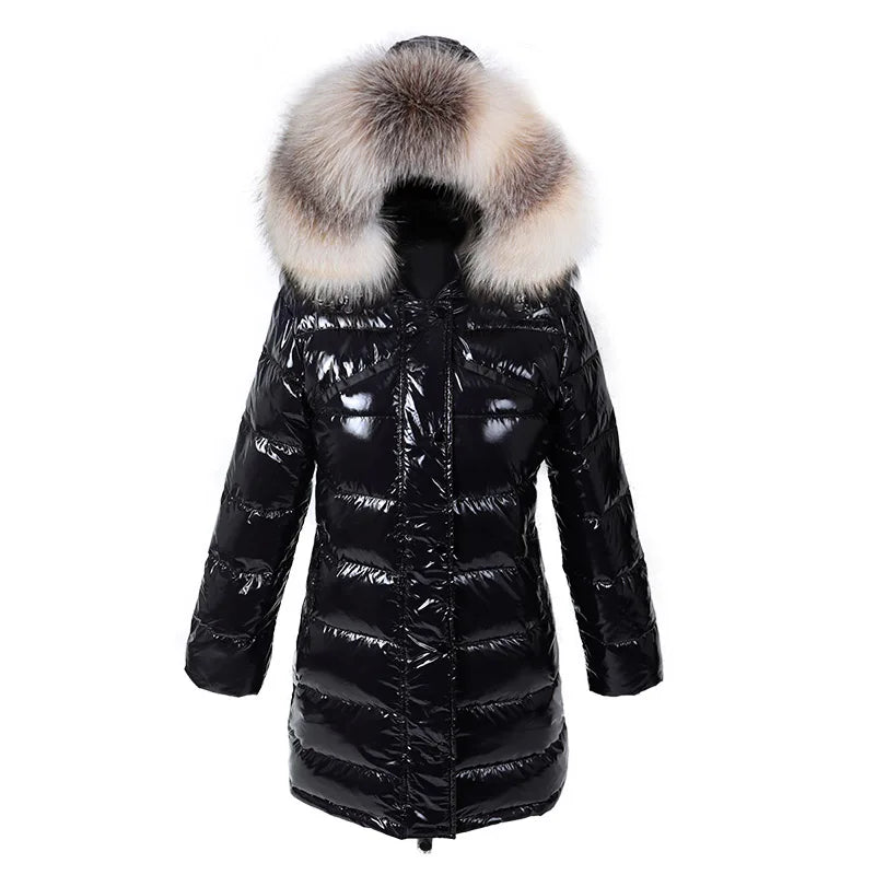 Doudoune brillante femme à capuche – duvet de canard, courte ou longue