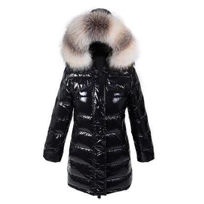 Doudoune brillante femme à capuche – duvet de canard, courte ou longue