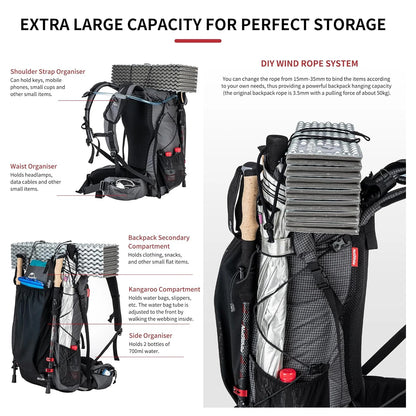 Sac à Dos Randonnée Naturehike Rock 40L / 60L avec Couvre-Pluie — Armature Interne, Nylon