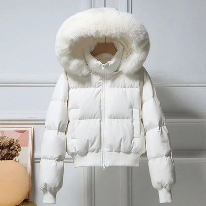 Doudoune femme à capuche et col en fausse fourrure, zippée