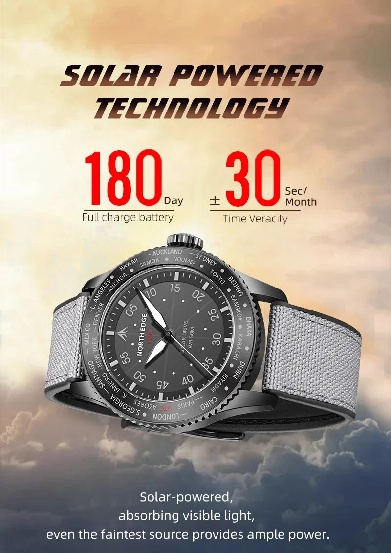 Montre Homme NORTH EDGE MACH 2024 – Solaire – Étanche 50M – Double Fuseau Horaire – Bracelet TPR & Nylon – Style Pilote - BLACKBEARD OUTDOOR INDUSTRIES