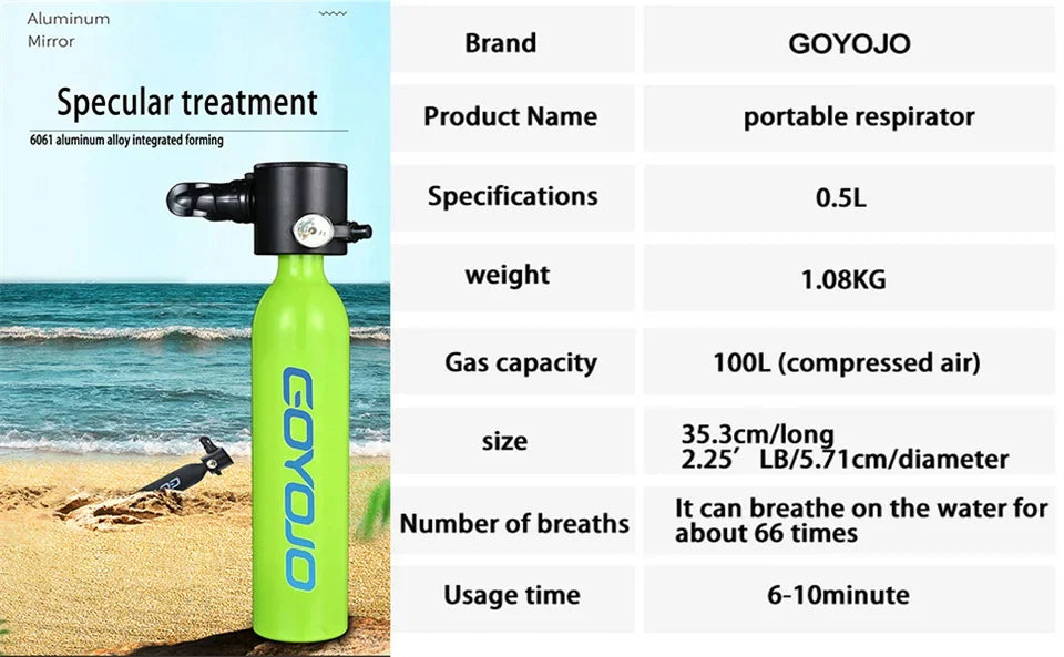 GOYOJO 0.5L Mini Cylindre Scuba – Kit Portable d'Oxygène pour Plongée, 5-10 Minutes d'Autonomie, Équipement de Respiration Sous-Marine 2025 - BLACKBEARD OUTDOOR INDUSTRIES