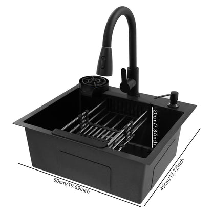 Évier Cuisine Inox 201 Noir Nano – Robinet Rétractable, Rince-Tasse, Panier Égouttoir & Distributeur Savon | 45x40 / 50x45 / 60x45 cm