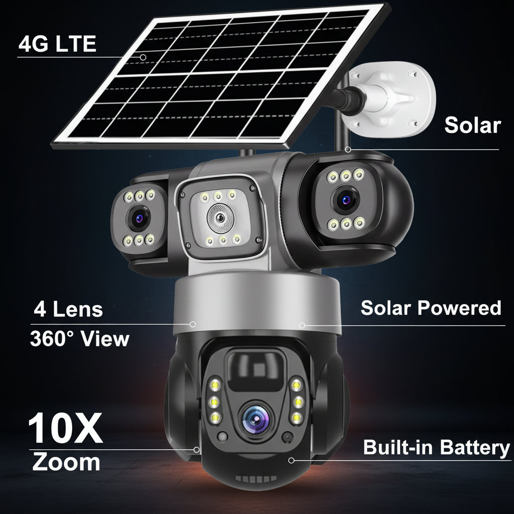 Caméra Solaire 4G Extérieur — Surveillance PTZ 360° Sans Fil, 3 Objectifs, Vision Nocturne - BLACKBEARD OUTDOOR INDUSTRIES