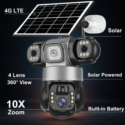 Caméra Solaire 4G Extérieur — Surveillance PTZ 360° Sans Fil, 3 Objectifs, Vision Nocturne - BLACKBEARD OUTDOOR INDUSTRIES