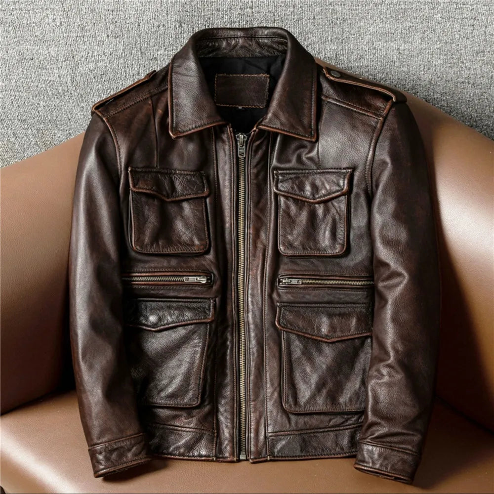 Veste en Cuir Véritable M65 Homme — Moto, Outdoor & Chasse | Noir & Marron | M à 8XL - BLACKBEARD OUTDOOR INDUSTRIES