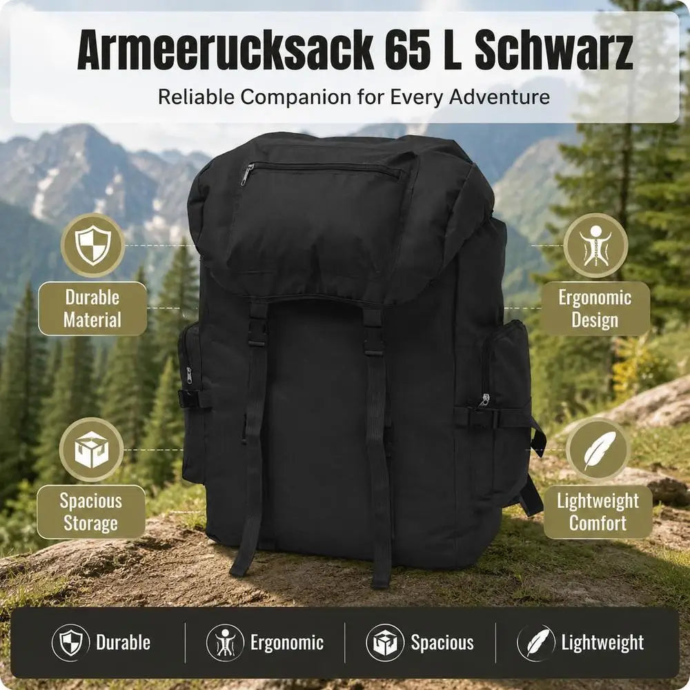 Sac à dos militaire 65 L noir, grande capacité