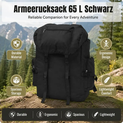 Sac à dos militaire 65 L noir, grande capacité
