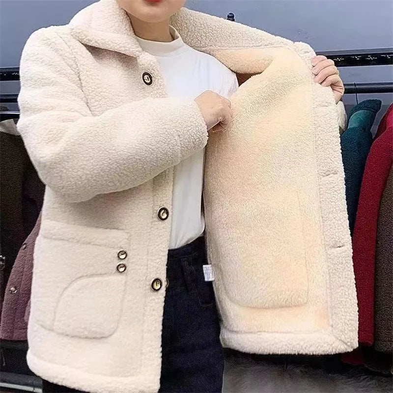Manteau Femme Hiver Fausse Fourrure Agneau – Bouton Simple Col Rabattu Poches Chaud