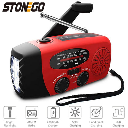 📻 Radio d’Urgence Solaire et Manuelle – STONEGO 3-en-1 avec Lampe Torche & Batterie 2000mAh Ma boutique