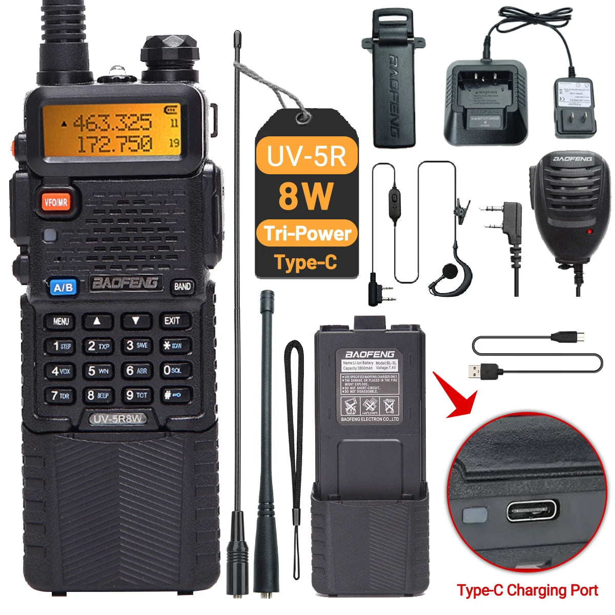 Baofeng UV-5R 8W – Talkie-Walkie Bi-Bande VHF/UHF, Batterie 3800mAh, Charge Type-C - BLACKBEARD OUTDOOR INDUSTRIES