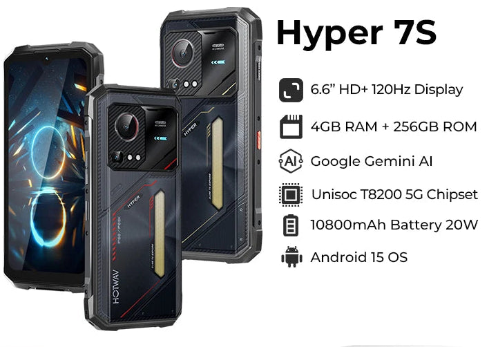 HOTWAV Hyper 7S — Smartphone Incassable 5G, Batterie 10800mAh, IP68/IP69K, Android 15, 120Hz, Lampe 280lm