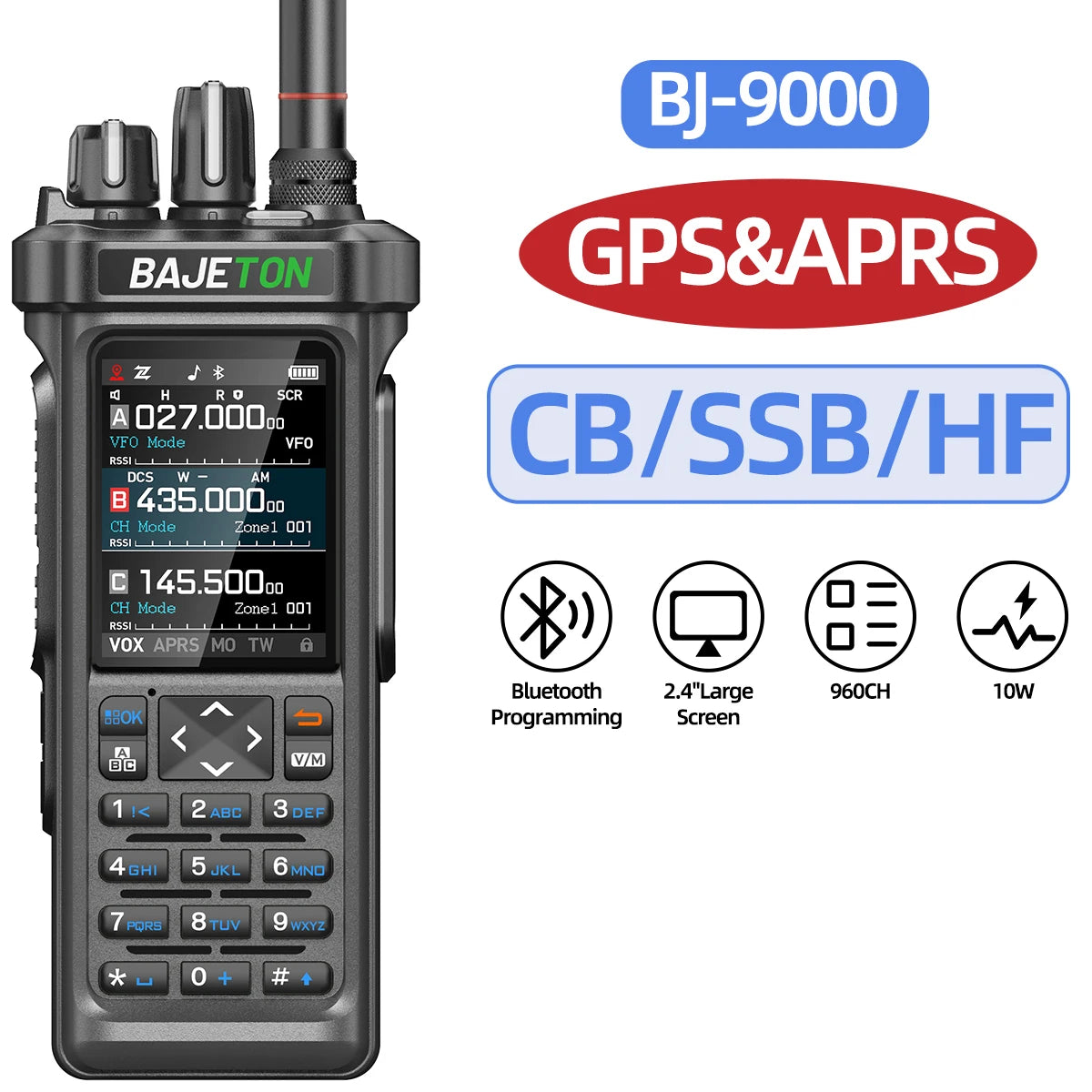 BAJETON BJ-9000 – talkie-walkie APRS GPS 10W, VHF/UHF & CB 27 MHz, récepteur AM/FM/SSB, programmation Bluetooth, USB‑C, triple veille - BLACKBEARD OUTDOOR INDUSTRIES
