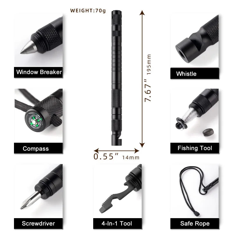 Stylo de Survie 10-en-1 – Défense Personnelle, Sifflet, Boussole, Brise-Vitre, EDC Outdoor