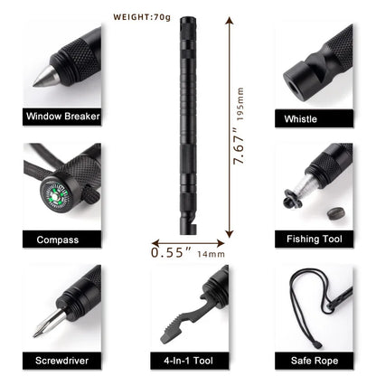Stylo de Survie 10-en-1 – Défense Personnelle, Sifflet, Boussole, Brise-Vitre, EDC Outdoor
