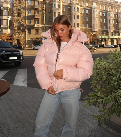 Doudoune brillante femme à capuche – Coupe courte matelassée