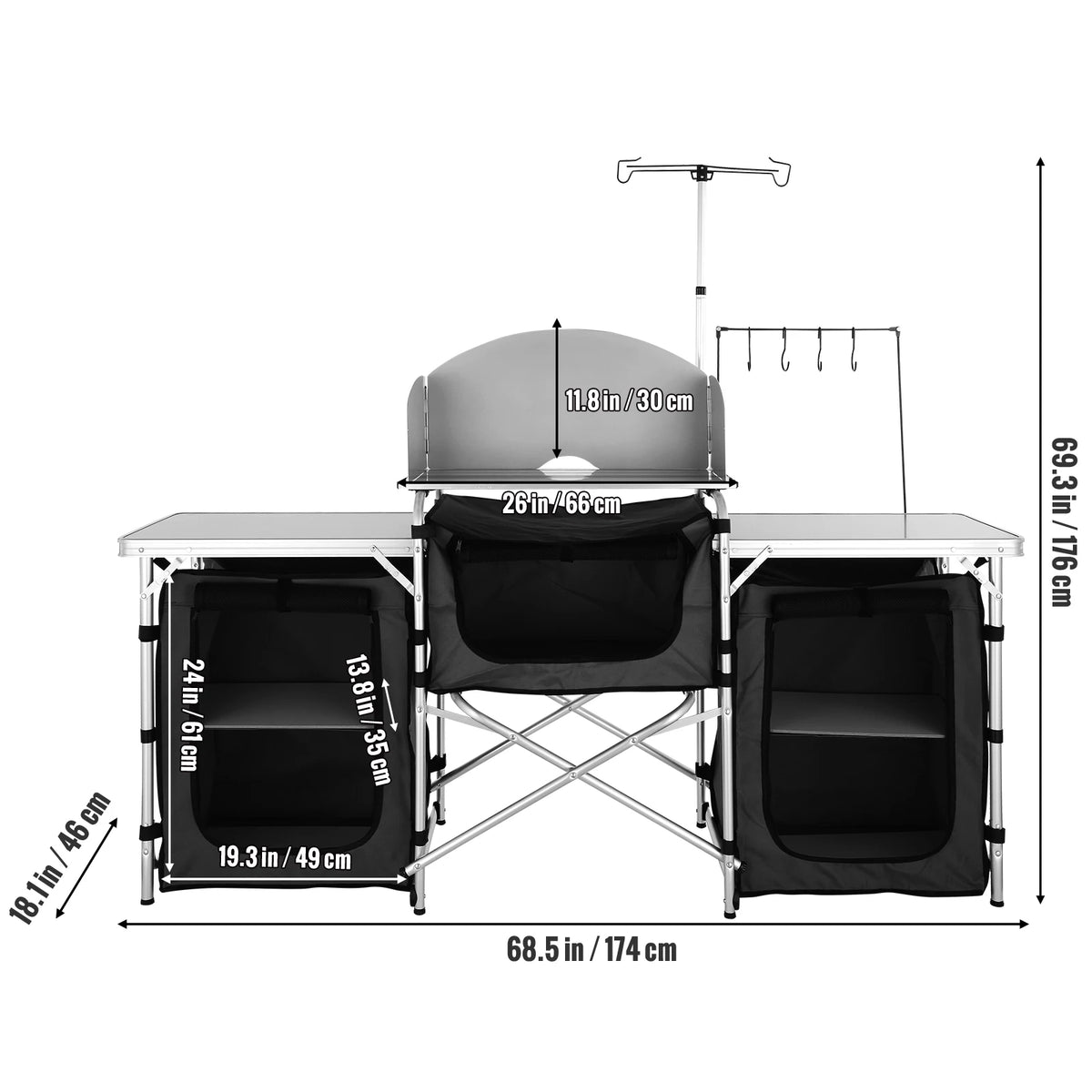 Table Cuisine Camping Pliante SucceBuy Aluminium – Plan de Travail MDF, Rangement, Pare-Vent | BBQ, Pique-Nique, Van | Gris, Marron, Noir