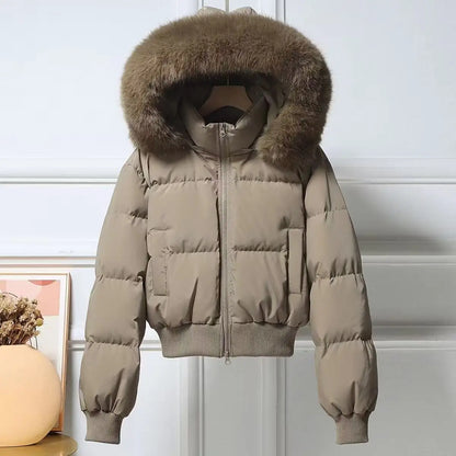 Doudoune femme à capuche et col en fausse fourrure, zippée