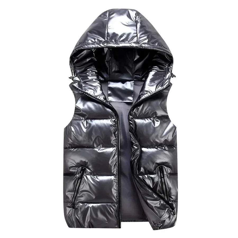 Gilet sans manches matelassé brillant à capuche