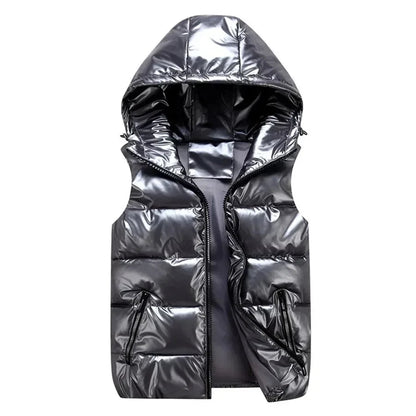 Gilet sans manches matelassé brillant à capuche
