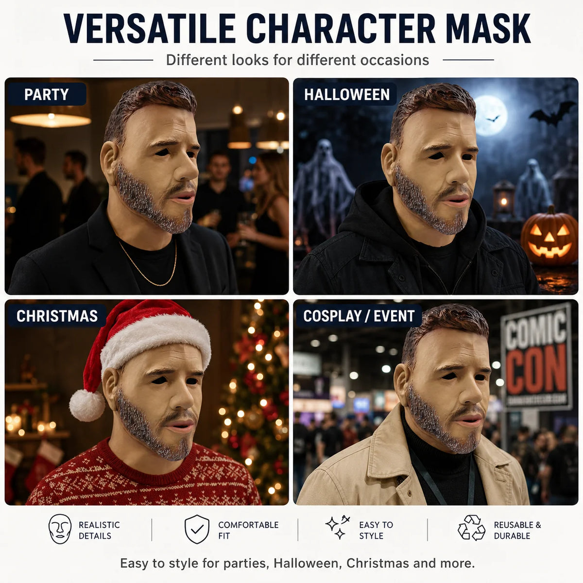 Masque intégral homme barbu en latex pour scène et vidéo