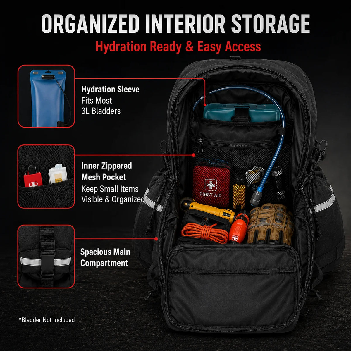 Sac à dos outdoor 35 L noir extensible à poches multiples