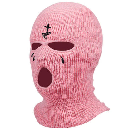 Cagoule à motifs brodés, masque chaud 3 trous pour l’hiver