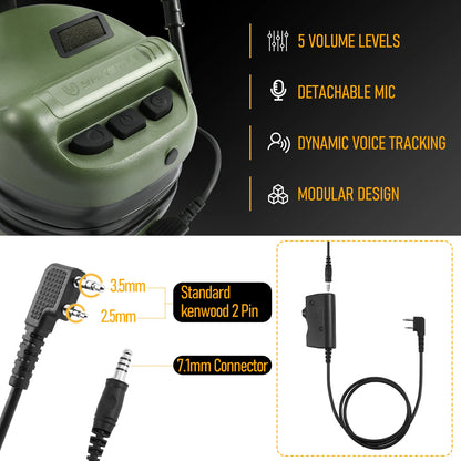 Casque Tactique Électronique sur Rail de Casque – 22 dB NRR, Amplification ×6, Micro Boom, PTT Kenwood