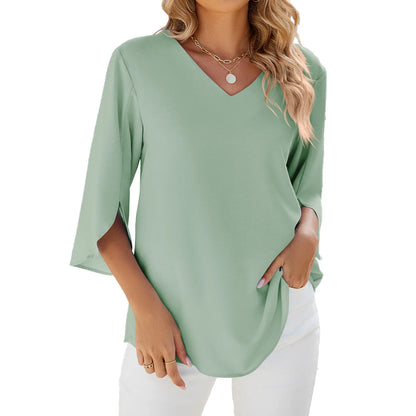 Chemisier Femme en Mousseline Col V - Manches Mi-Longues, Coupe Ample