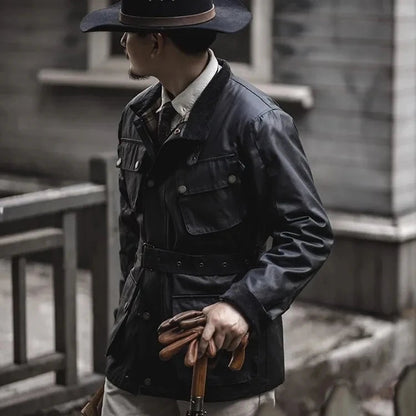 Men's Cargo Safari Oil Wax Jacket Waterproof England Casual Autumn Outwear Multi Pocket Corduroy Collar Wear Resistant Jackets BLACKBEARD OUTDOOR INDUSTRIES