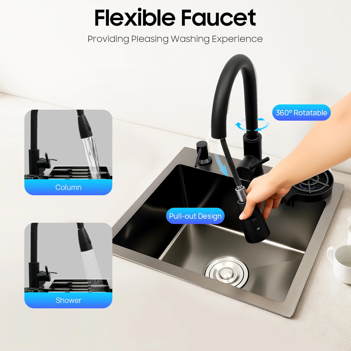 Évier Cuisine Inox 201 Noir Nano – Robinet Rétractable, Rince-Tasse, Panier Égouttoir & Distributeur Savon | 45x40 / 50x45 / 60x45 cm