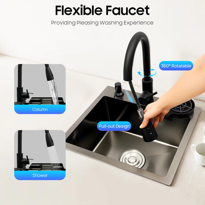 Évier Cuisine Inox 201 Noir Nano – Robinet Rétractable, Rince-Tasse, Panier Égouttoir & Distributeur Savon | 45x40 / 50x45 / 60x45 cm