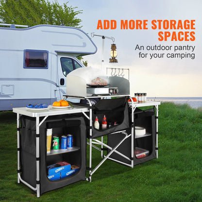 Table Cuisine Camping Pliante SucceBuy Aluminium – Plan de Travail MDF, Rangement, Pare-Vent | BBQ, Pique-Nique, Van | Gris, Marron, Noir
