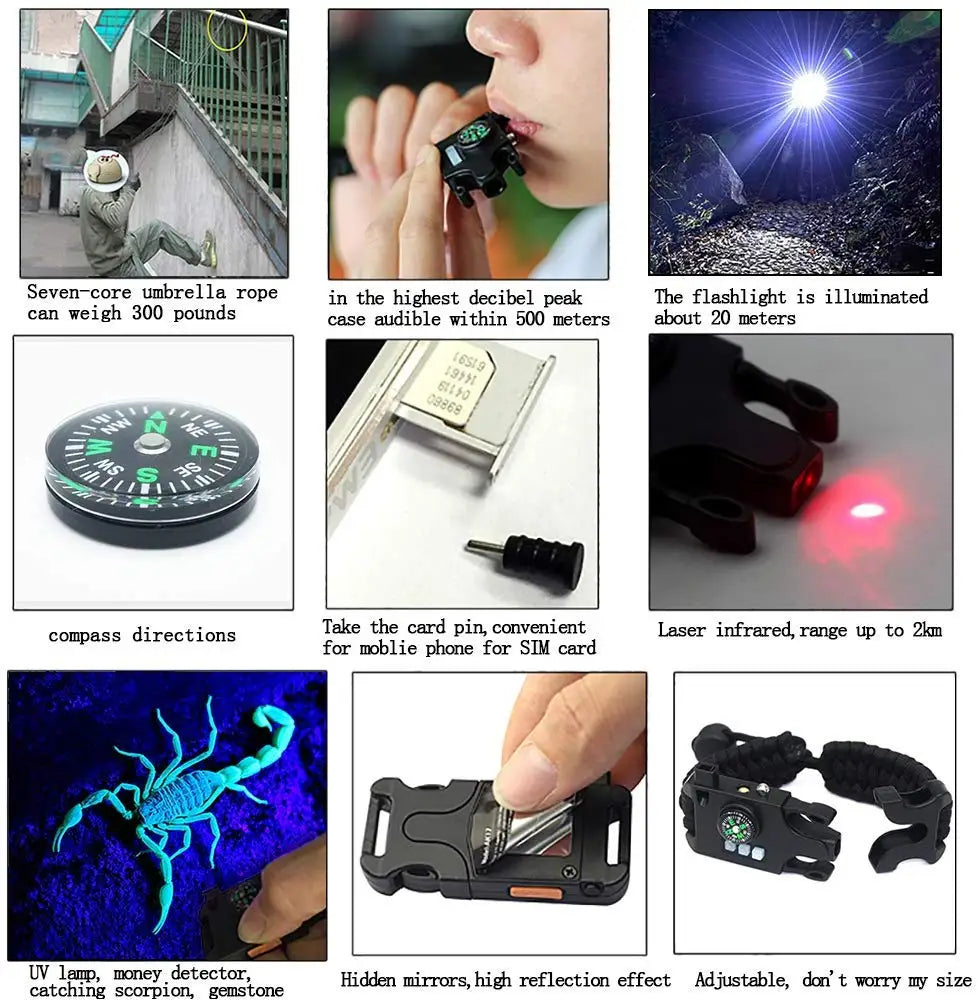Bracelet de Survie Tactique 8-en-1 Paracorde 550 – SOS LED Laser UV Boussole