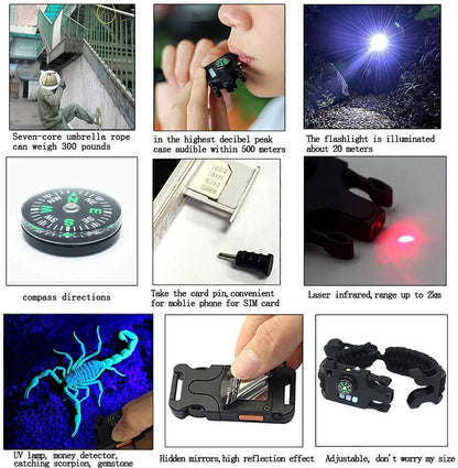 Bracelet de Survie Tactique 8-en-1 Paracorde 550 – SOS LED Laser UV Boussole