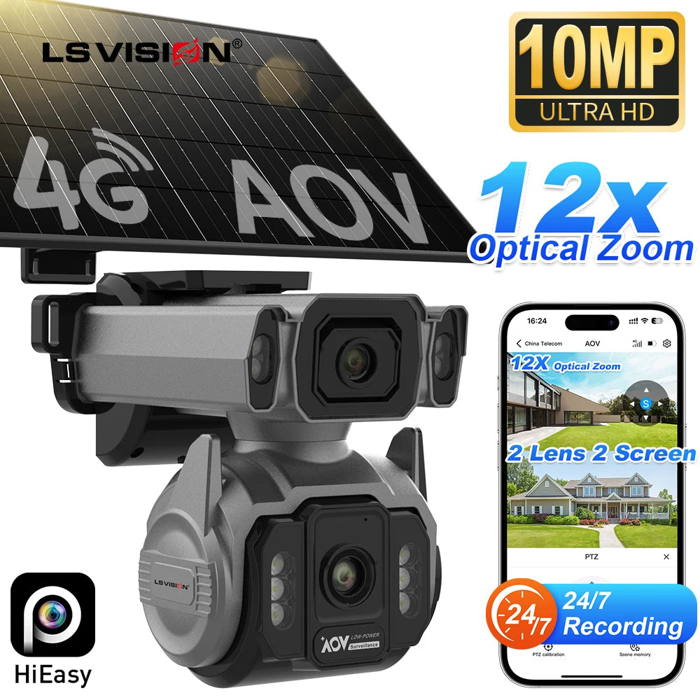 Caméra de surveillance solaire 4G double objectif 10 MP, zoom x12, suivi automatique