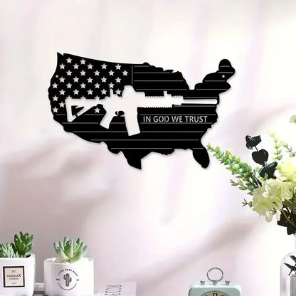 Décoration Murale Métal Rétro – Drapeau Américain & Mitraillette – Art Mural Militaire pour Salon, Bureau ou Atelier