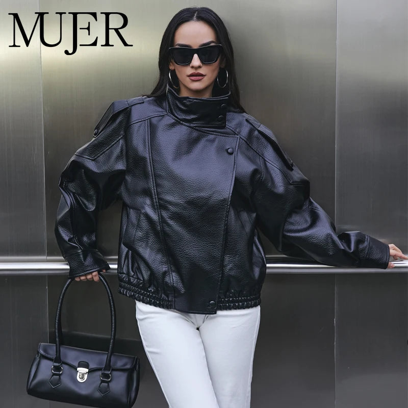 Perfecto Simili-Cuir Femme Oversize – Col Reversé, Fermeture Zip, Style Biker Streetwear Automne/Hiver - BLACKBEARD OUTDOOR INDUSTRIES