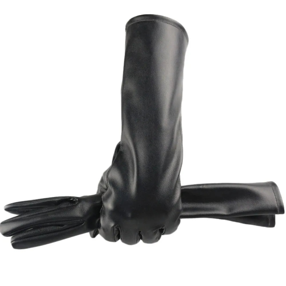 Gants femme en simili cuir noir, mi-longs pour l’hiver