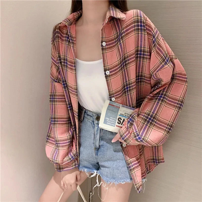 Chemise à Carreaux Femme Manches Longues – Coupe Loose Vintage Preppy Style