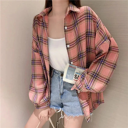 Chemise à Carreaux Femme Manches Longues – Coupe Loose Vintage Preppy Style