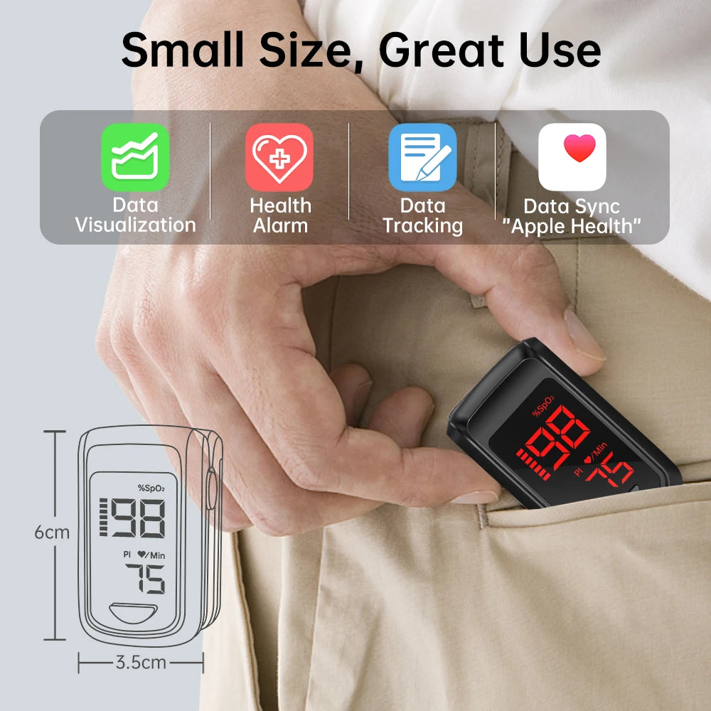 Oxymètre de Pouls Bluetooth au Doigt – Saturation SpO2, Fréquence Cardiaque & Index de Perfusion avec Appli