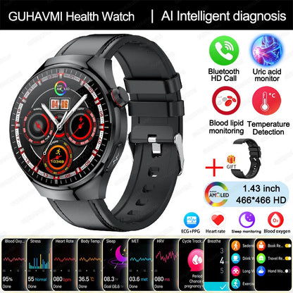 Montre Connectée Médicale GUHUAVMI TK26 – ECG+PPG – Uric Acid, Température, Lipides, Appels Bluetooth – Écran AMOLED 1.43” – Étanche IP68 - BLACKBEARD OUTDOOR INDUSTRIES