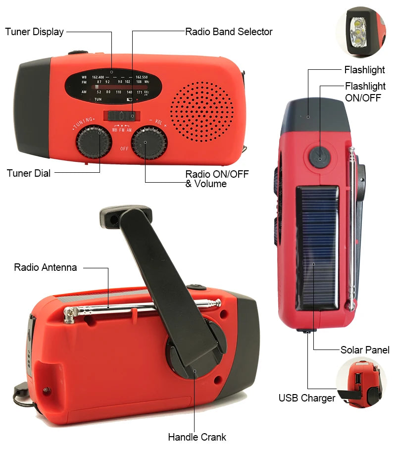 Radio Portable d'Urgence Rechargeable 2000mAh – Radio Solair, Manivelle et USB avec Flashlight, Radio AM/FM/SW, Radio Météo pour Survie, Batterie Rechargeable et Chargeur de Secours - BLACKBEARD OUTDOOR INDUSTRIES