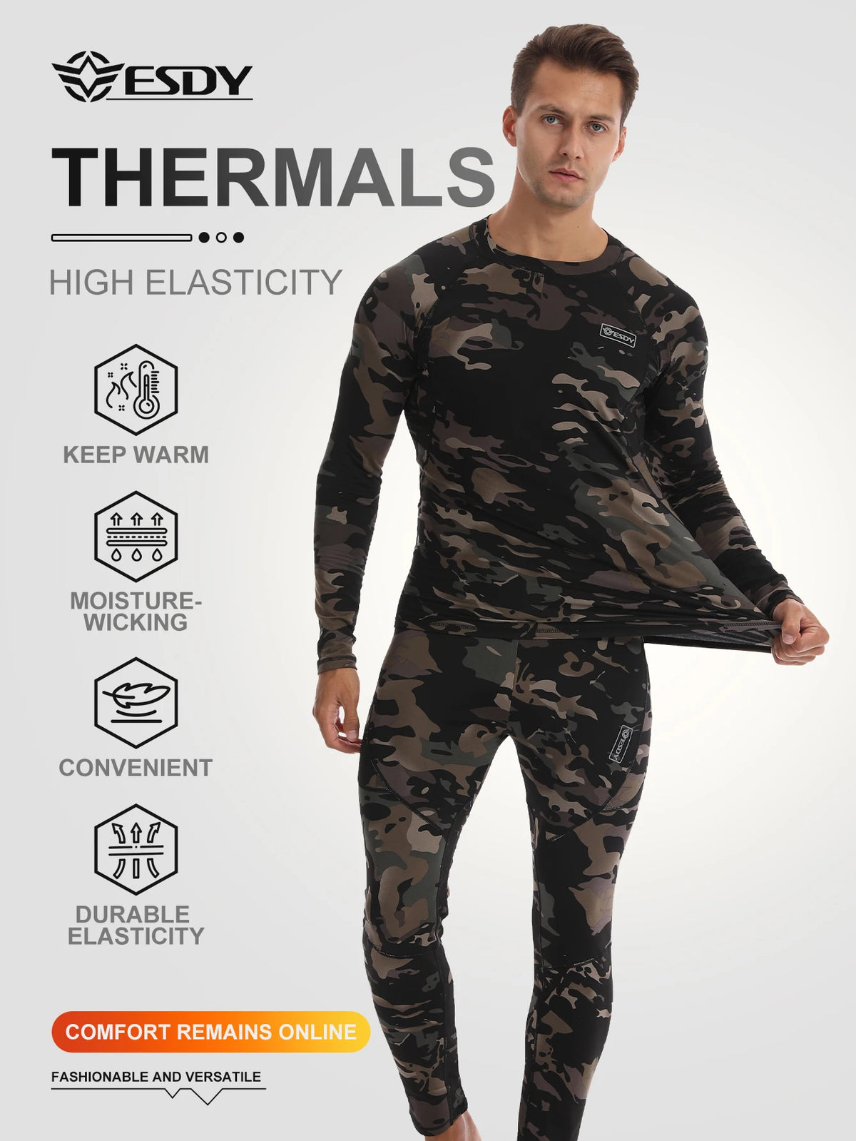 Ensemble Thermique Compression Homme – Sous-vêtement Tactique Camouflage Chasse Ski Montagne