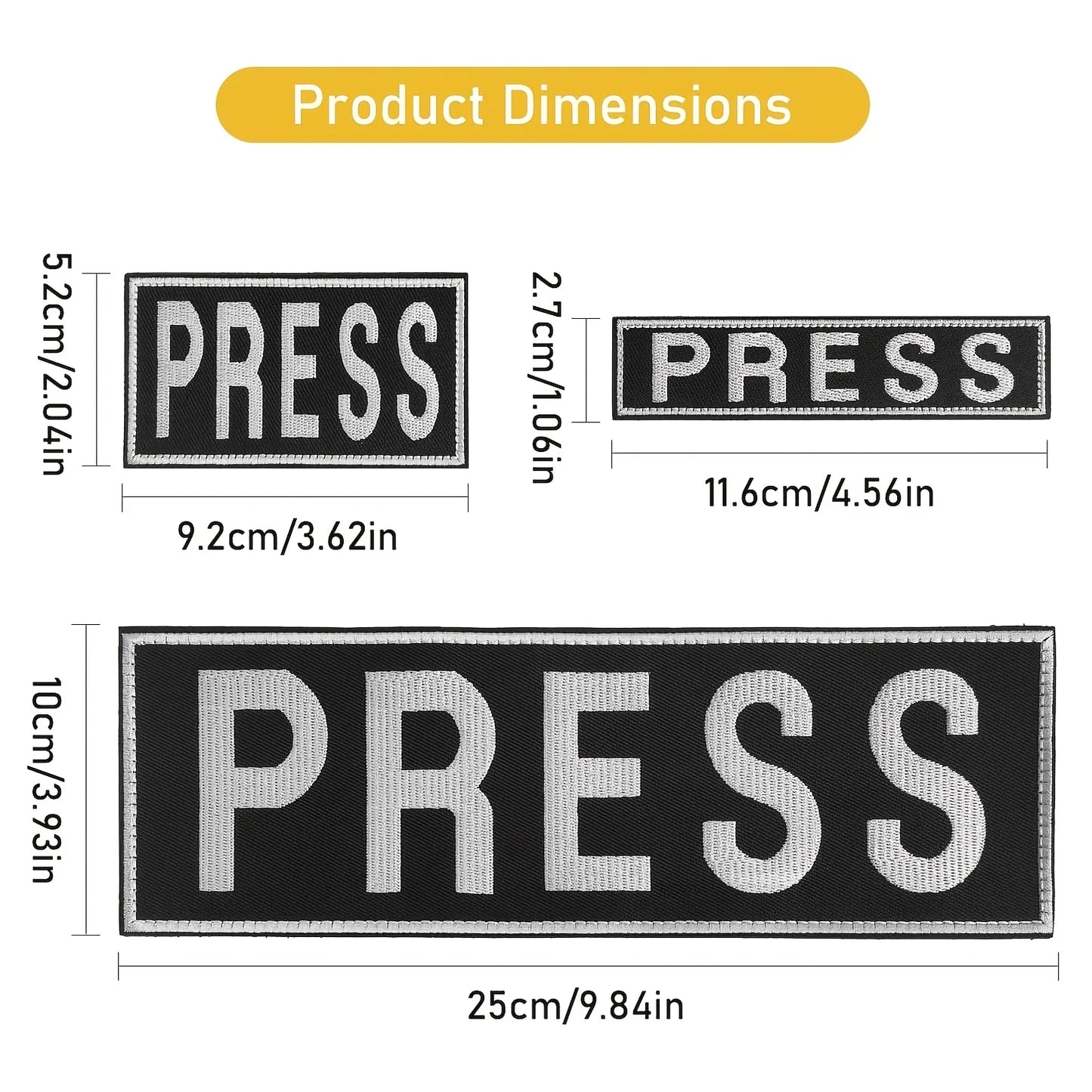 Lot de 3 Patches Brodés PRESS – Gilet Presse, Photographe & Gilet Tactique