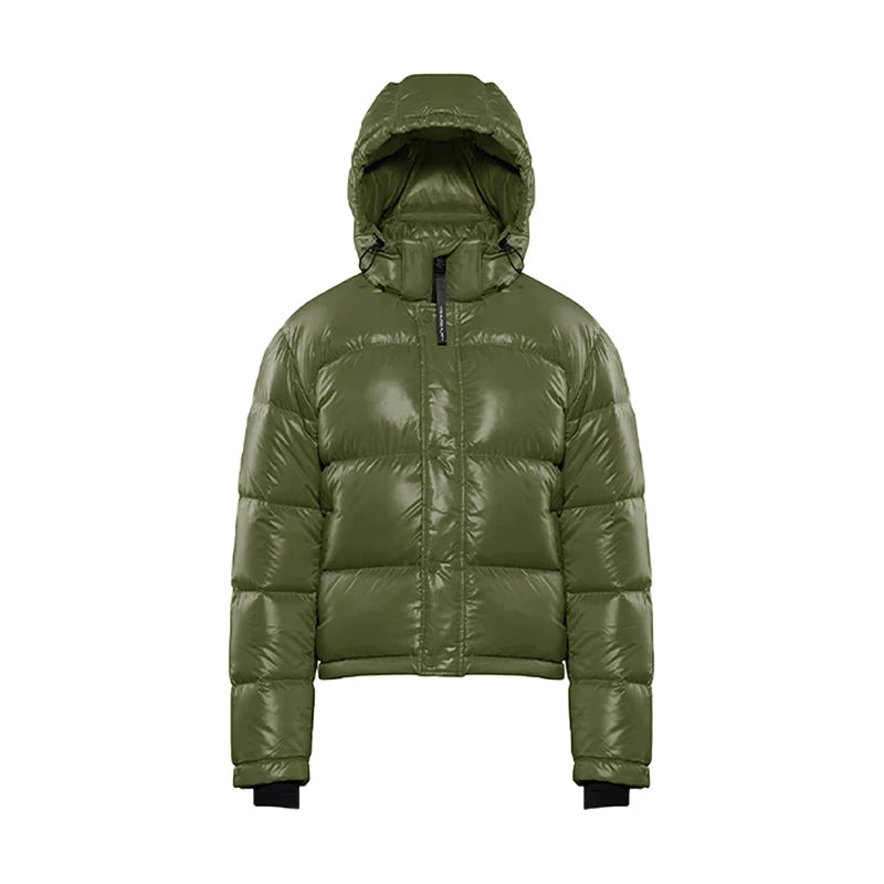 Doudoune courte femme vert olive brillante à capuche