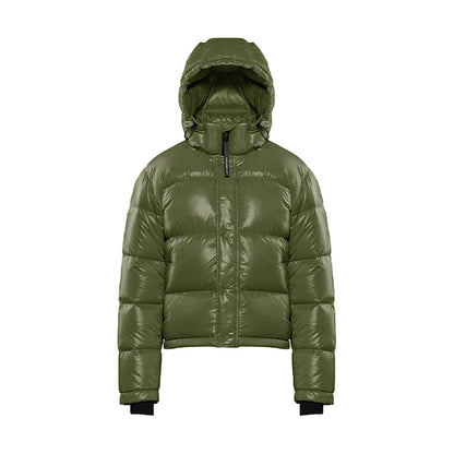 Doudoune courte femme vert olive brillante à capuche