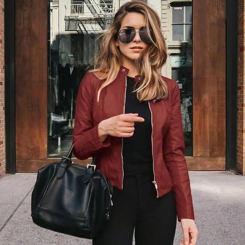 Veste Simili Cuir Femme – Col Montant, Fermeture Zip, Style Biker Streetwear